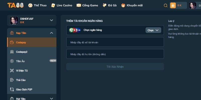 Xác nhận giao dịch nạp rút tiền TA88